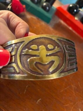 Brass-Tone Tribal Symbol Cuff Bracelet-Fuentes Puerto Rico signed